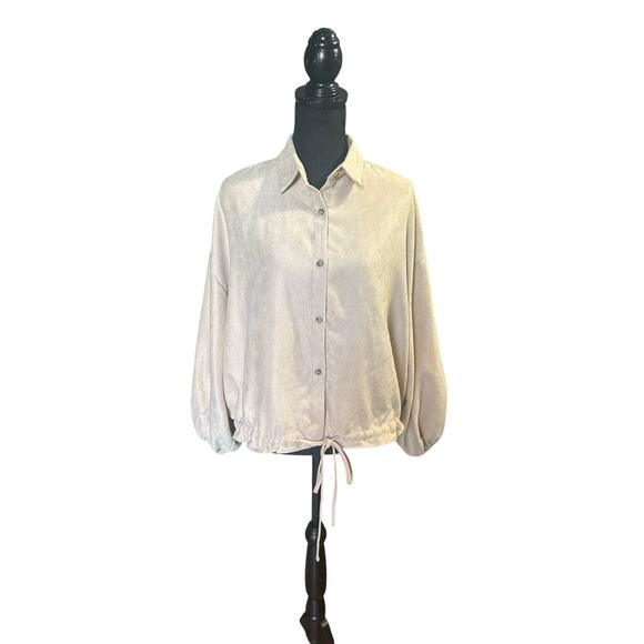 Favlux beige, long-sleeved button-down shirt with a drawstring hem - Picture 1 of 8